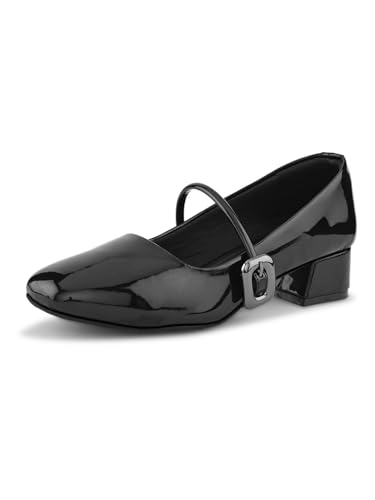 Image of XE Looks Women's Mary Jane Strap Block Heel Pumps with Glossy Upper | Closed Toe Design | Soft Cushioned Insole | Stable Supportive Heel for Girls & Women Black