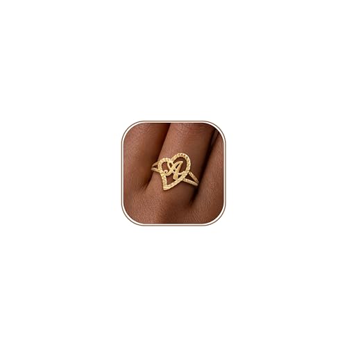ZHESHY Gold Rings for Women Non Tarnish Dainty 14K Gold Plated Initial Rings Vintage Heart Letter Statement Thumb Rings Size 6-10 Personalized Jewelry Gifts