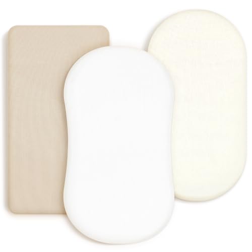 Image of GRSSDER Stretchy Ultra Soft Fitted Bassinet Sheet 3 Pack, Universal Fit for Bassinets Baby Cradle Moses Basket Oval Rectangle Mattress Safe and Snug, Jersey Bassinet Sheets for Girls, Cream/Beige