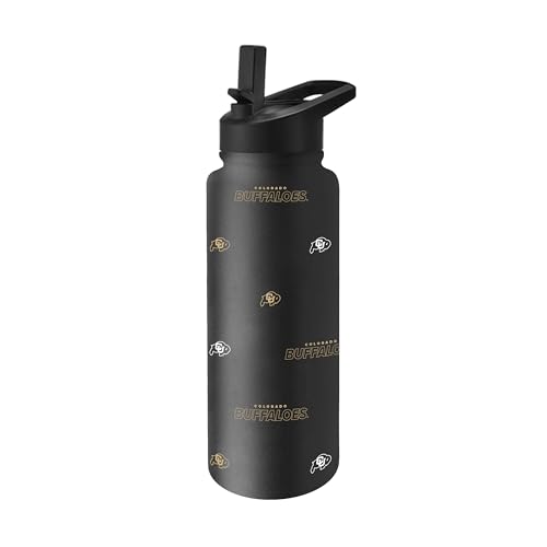 Image of Logo Brands NCAA Colorado Buffaloes Step & Repeat 34 oz Stainless Steel Quencher Bottle - All Over Logo Design, No-Spill Lid, Easy Carry Handle - Keeps Drinks Cold For Hours