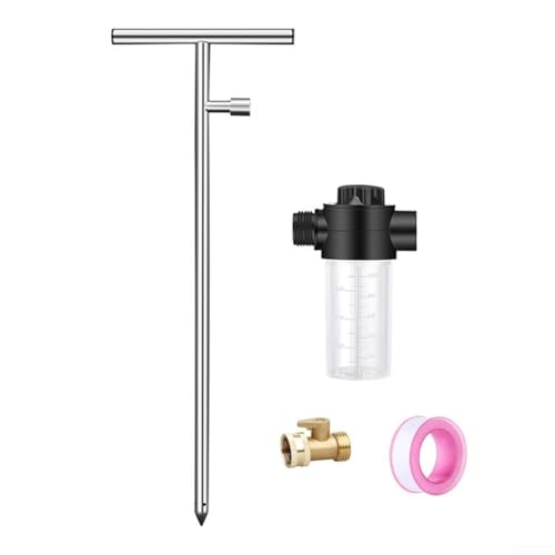 Trayneel Herramienta de riego de árbol de raíz profunda de acero inoxidable de 32 pulgadas para arbustos, árboles frutales, tomates con mango en T y válvula de latón, compatible con manguera de jardín