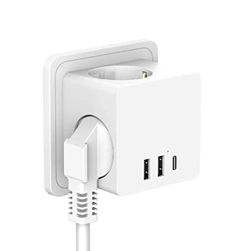 Steckdosenwürfel mit USB,Mehrfachsteckdose mit 2 USB-A und USB-C Anschluss, Steckdose Ohne Kabel 3680W/16A,6-in-1 Steckdosenadapter,Steckdosenleiste überspannungsschutz für Zuhause, Büro, Reise