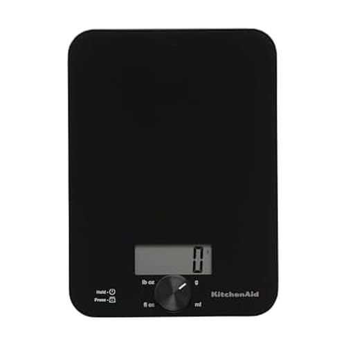 KitchenAid KQ914BA Digital Glass Top Kitchen and Food Scale, 11 lb Capacity, Measures Liquid & Dry Ingredients, Rotating Knob, Precise Results for Baking, Cooking, Keto and Meal Prep, Tare, Black