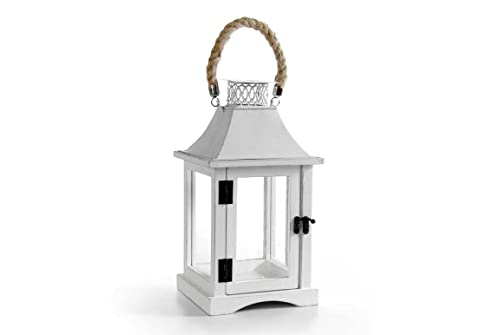 Lanterna porta candela shabby chic in legno bianco vetro e latta 18 * 18 * 36 cm HIA-823367