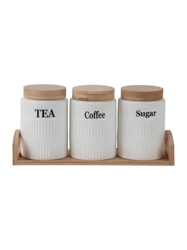 Stylish Tea Coffee Sugar Container Set Ceramic Canisters with Airtight Wooden Lids and Bamboo Tray Set of 3 Decorated Kitchen Canister Jars Food Storage