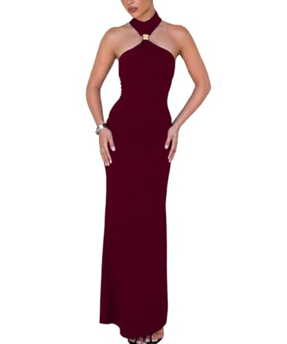 Image of ABINGOO Women Sexy Halter High Neck Maxi Dress Sleeveless Back Slit Elegant Party Cocktail Wedding Guest Formal Long Dresses