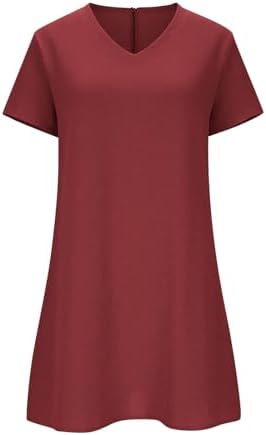 Cotton Linen Dresses for Women 2026 Summer Casual V-Neck T-Shirt Sundress Short Sleeve Mini Dress Vacation Outfits Red — view 4