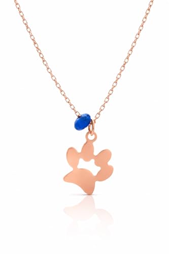 QELUNA NATURA – Collar patita mascota mujer, colgante huella perro y gato en plata con baño de oro rosa y ágata azul, cadena 40 cm, collar minimalista de alto brillo regalo amantes de animales