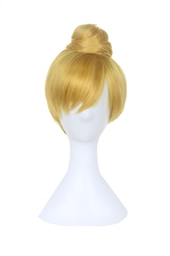 Women Short Blonde Yellow Straight Wig with Bun Cosplay Costume Fiber Wig