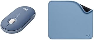 Logitech Pebble Wireless Mouse with Bluetooth or 2.4 GHZ Receiver, Silent, Slim Computer Mouse for Laptop/Notebook/iPad/PC/Mac/Chromebook - Blue Berry + Mouse Pad - Studio Series, Blue Grey