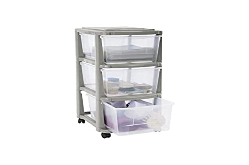 M-Home | Commode de Rangement / 3 Tiroirs + Roulettes | Plastique | Gris Sable | 29 x 38 x 65 cm | COMMODE MIDI | PLS6240-29