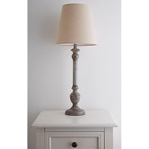 Tall Table lamp with Whitewash Shabby Chic Finish and Natural Linen Shade Cover