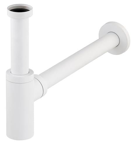 Siphon de lavabo universel en laiton blanc mat ecrou tournant a visser 33x42 (1'1/4) - Pour evacuation diamètre 32 mm - Installation facile - Design elegant...