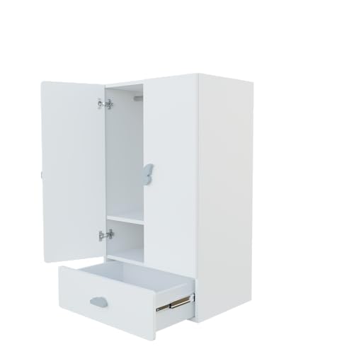 Image of VIKI Kids Wardrobe Almirah - 2 Door Kids Storage Cabinet with Hanging Rod & 1 Drawer for Bedroom, White (40x60x102 cm) | 1 Year Warranty