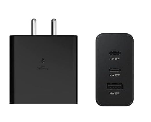 ‎65W 3-Port Type C and Type A Super Fast Charging Wall Charger, GaN Trio Adapter for Sam ung Galaxy S23 Ultra/S23/S23+/S21 Fe 5G/S20 Ultra/Z Fold 5/4/3/ Z Flip 5/4/3Earbuds/laptops (AC170)