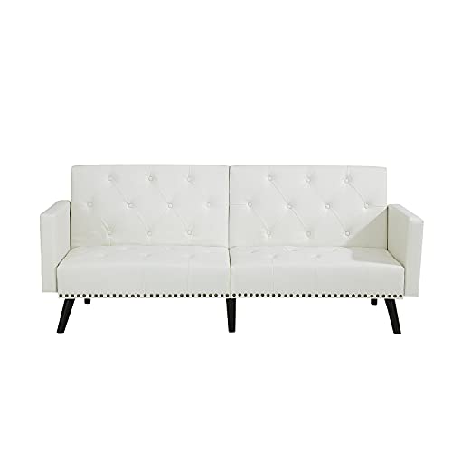 Jolene Tufted Split Back Futon, Mid Century Modern Convertible Sofa Bed for Small Rooms, Faux Leather Couch with Elegant Design, Perfect for Your Modern Living Room or Guest Room - White, Faux Leather