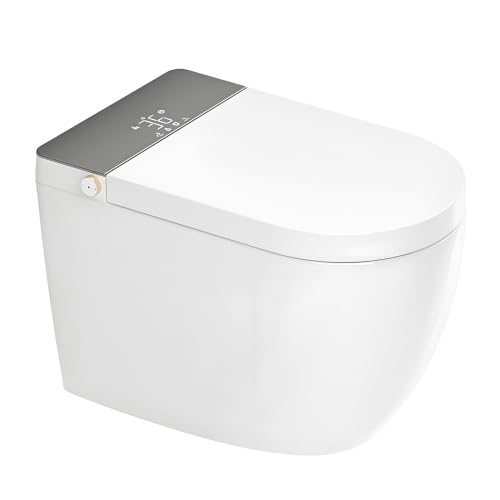 Inodoro inteligente integrado moderno, tapa de apertura y cierre automáticos, asiento calefaccionado, limpieza con agua tibia instantánea, descarga automática con mando a distancia y detección por pie, blanco+gris miniatura 1
