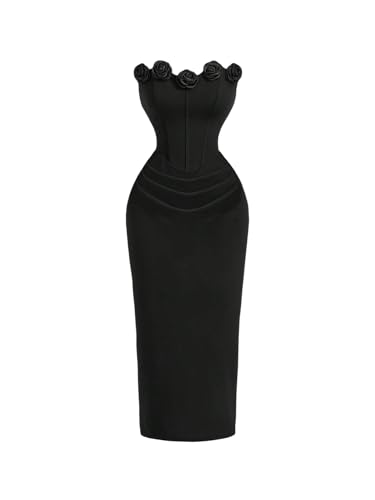 Image of SOLY HUX Women's Midi Dress Floral Appliques Ruched Strapless Sleeveless Split Bodycon Tube Dresses