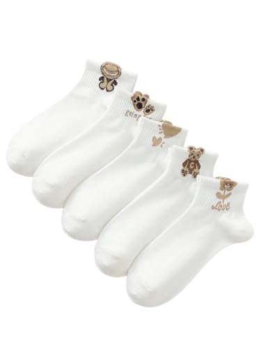 WDIRARA Women's 5 Pairs Cute Cartoon Print Ankle Socks Graphic Breathable Cozy Soft Socks