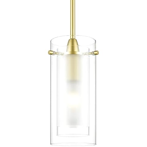 Onesto Lighting Malta Modern Brass/Gold Pendant Light Fixtures Over Kitchen Island - Sink Lighting - Ceiling Hanging Metal Industrial Pendant Lighting with Clear & Frosted Dual Glass Shade Cover