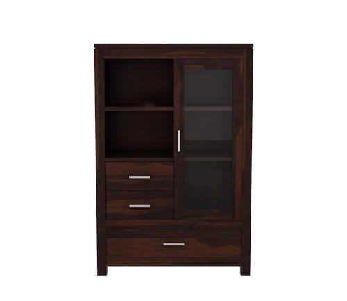 Image of Wood Book Shelf for Home Library || Wooden Cabinet with Glass and Drawer Storage || Crockery Cabinet for Kitchen || Book Shelfwith Door (Walnut Finish)