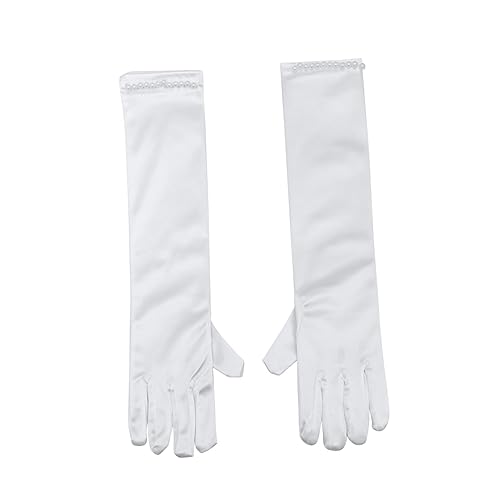 BESPORTBLE Elegant Flower Girl Long Gloves with Pearl Decor Full Finger Satin Dress Gloves for Weddings Parties and