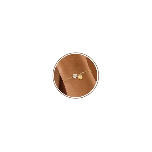 Initial Birthstone Gold Bracelets for Women Dainty Flowers Birthstone Bracelets Non tarnish 14K Gold Plated Letter Charm CZ Bracelet Trendy for Friends and Daughter Birthday Bridesmaid Jewelry Gifts