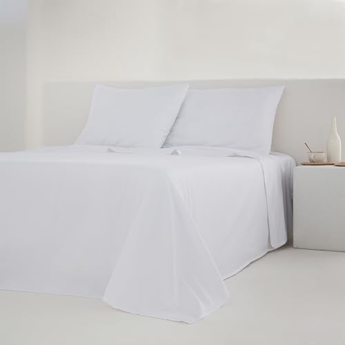 COTTON ARTean Juego de sábanas Cama 160x190 / 200 Percal Algodón 200 Hilos Noa Blanco 4 Piezas