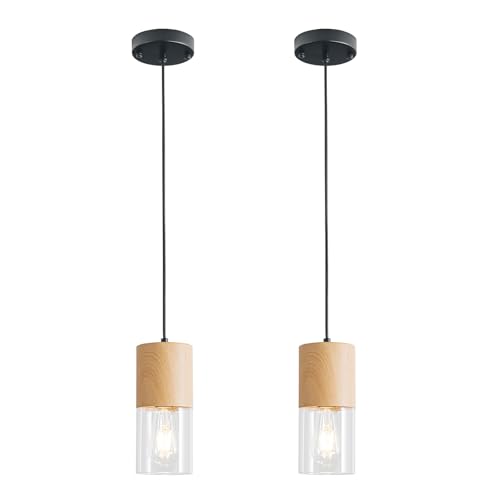 Image of 2-Pack Modern Pendant Lights for Kitchen Island, Adjustable Pendant Light Fixtures with Raw Wood Grain, Industrial Clear Glass Pendant Lights for Dining Table Hallway Bedroom Living Room