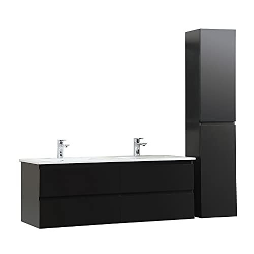 MOB-IN Meuble Double Vasque 120cm avec Plan céramique Sorrento Noir + Colonne