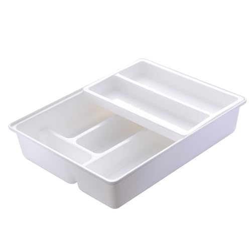 Jeorywoet Organizador de cajones de utensilios, organizador de cajones de cubiertos 2 capa 10x12x2 múltiples cubiertas con capa superior deslizable y extraíble para cocina, cocina, blanco