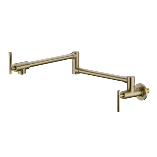 Grifo de cocina plegable montado en la pared con llenado ollas, grifo fregadero un solo orificio y giratorio, oro cepillado SUS304