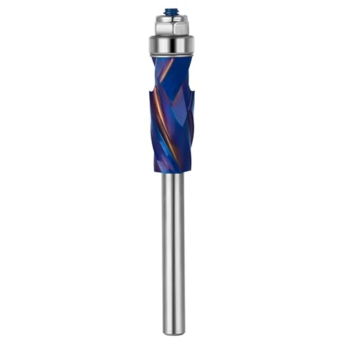 SpeTool Coated Compression Spiral Flush Trim Router Bit 1/4 Inch Shank Extra Long with Bottom Bearing, Solid Carbide Pattern Flush Cut Router Bit for Woodworking Trimming