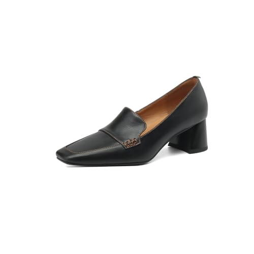 Image of TinaCus Women's Square Toe Genuine Leather Handmade Chunky Heels Slip-on Casual Loafers Shoes