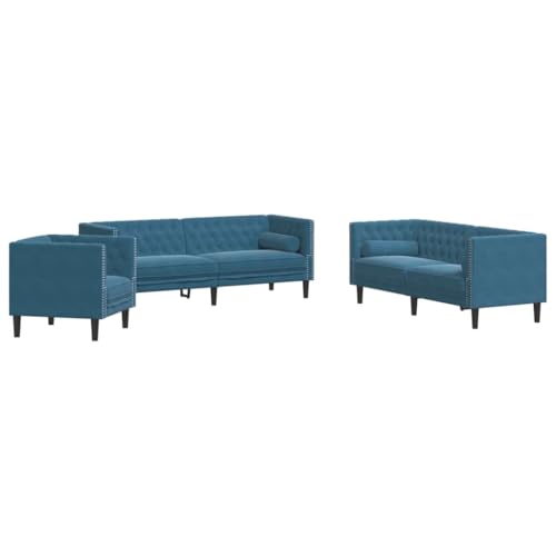 vidaXL Chesterfield Sofa Set mit Nackenrollen 3-TLG., Sofagarnitur mit Kissen, Sitzgruppe für Wohnzimmer, Polstersofa Couch Sessel, Blau Samt