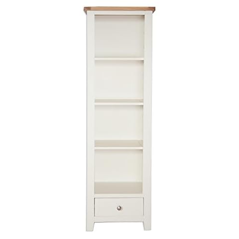 Hobart Ivory Rustic Oak Top Tall Narrow Bookcase/Solid Oak Top Tall Bookcase with Drawer/Living Room Furniture Cover