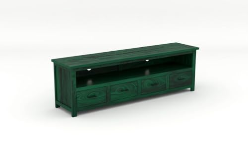 Image of Sheesham Solid Wood TV Cabinet for Living Room | Handcrafted Wooden TV Unit with Storage | Elegant Entertainment Stand for Modern Homes (4 Drawer Tv Cabinet, Rustid Green)