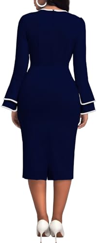 Classic Church Dress for Women Bell Long Sleeve Vintage Wear to Work Cocktail Business Split Pencil Sheath Dresses3