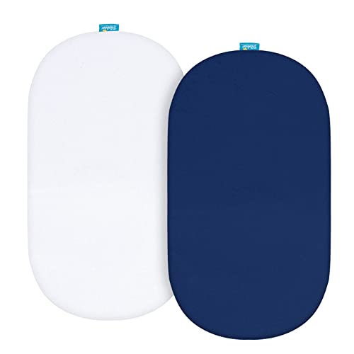 Image of Bassinet Sheets Fit for Rectangle, Hourglass or Oval Bassinet Mattress, Universal Fitted Sheet Set for Various Bassinet Mattress Pad, 2 Pack, Ultra Soft Microfiber Sheets, White & Navy