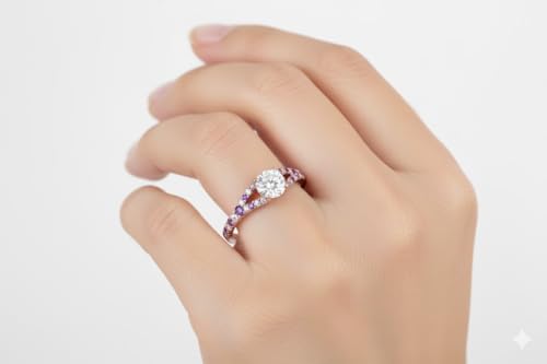 Image of Choose Your Gemstone Round Split Halo Pave Diamond CZ Ring Rose Gold Plated Round Shape Halo Engagement Rings Matching Jewelry Wedding Jewelry Easy to Wear Gifts US Size 4 to 12