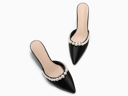 Image of Coutgo Womens Pearl Kitten Heels Closed Pointed Toe Wedding Bride Dress Shoes Ankle Strap Satin Pumps