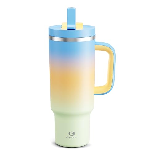 Image of ENCOOL 40 oz Tumbler with Handle and Straw: Stainless Steel Insulated Tumbler Keeps Cold for 24 Hours, Leakproof Travel Cup Fits in Cup Holder and BPA-Free, Sunny Breeze