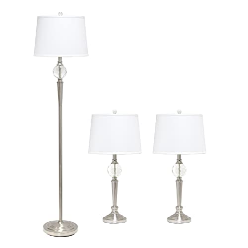 Elegant Designs LC1021-BSN Brushed Nickel 3 Pack Table Lamp Set with Crystal Accented Base (2 Table Lamps, 1 Floor Lamp)