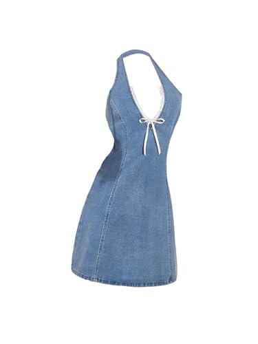 WDIRARA Women's Bow Halter Mini Jean Dress Lace Trim Sleeveless Backless Denim Dresses Light Wash Medium
