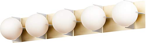 Maxim 32478SWSBRBP Finn Mid-Century Modern Satin White Glass Ball Bath Vanity Wall Mount, 5-Light 200 Total Watts, 7"H x 44"W, Satin Brass/Brushed Platinum