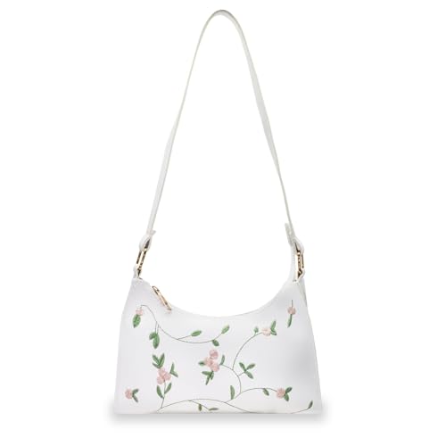 Bolsas de ombro transversais para mulheres, mini bolsas com estampa de bordado floral, bolsa de ombro pequena de poliuretano com fecho de zíper, Yue branco