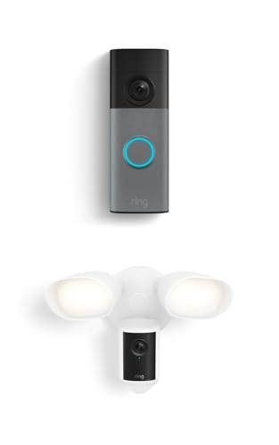 Image of Ring Battery Doorbell (newest model), Speckled Gray with Floodlight Cam Pro (newest model), White