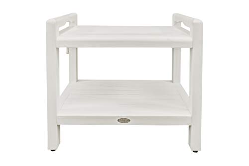 CoastalVogue Eleganto Teak Shower Stool with LiftAid Arms and Shelf, 24 inches, Driftwood