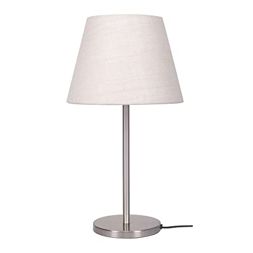 Image of Divine Trends Bedside Table Lamp Modern Sleek Silver 19 Inches Height with Off White Lampshade for Bedroom, Living Room (Pack of 1) - Led Bulb Included (Satin Nickel with Tapered Shade)