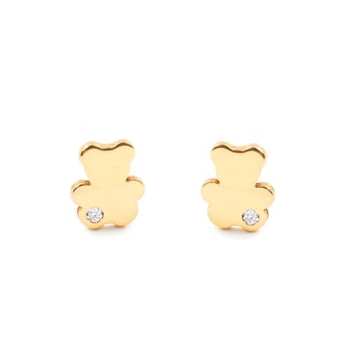 Pendientes de oro para bebé o niña con diseño de oso | Detalles de circón (9 quilates) - Estuche Regalo - Certificado de Garantía - Mondepetit